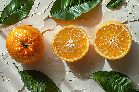 果实插画绿叶间的橙子背景