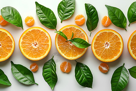 果实插画橙子与绿叶背景