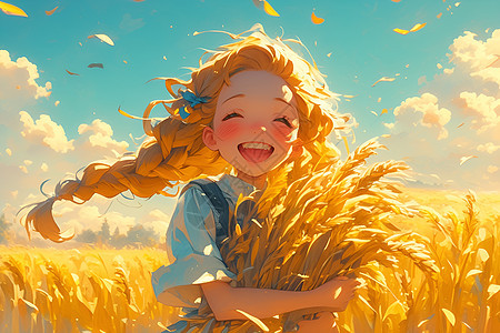笑容灿烂的少女在金黄色的稻田中图片