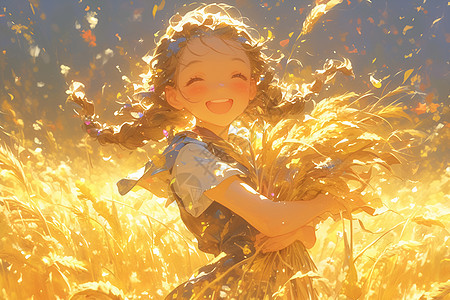 阳光下快乐的少女抱着麦穗图片