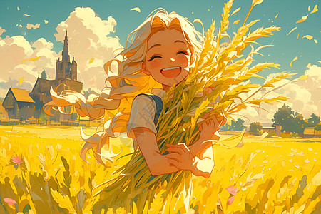 金色稻田里的女孩图片