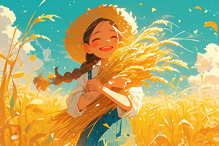 少女在金灿灿的稻田中图片