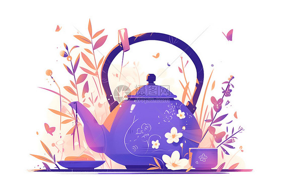 花草间的茶壶图片
