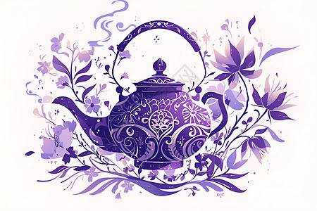 紫色花草茶壶图片