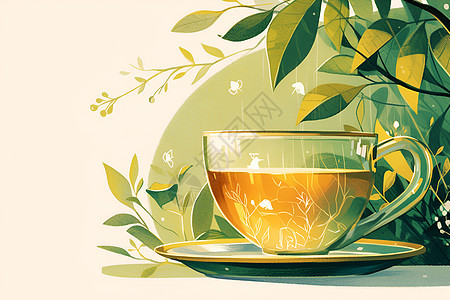 绿叶下的茶具背景图片