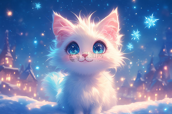 白色毛绒猫咪坐在星空下图片