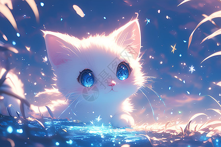 梦幻星空中的白色小猫图片