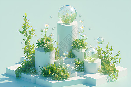 玻璃球悬浮和植物背景图片
