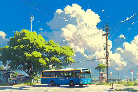 蓝色巴士行驶在街道上图片
