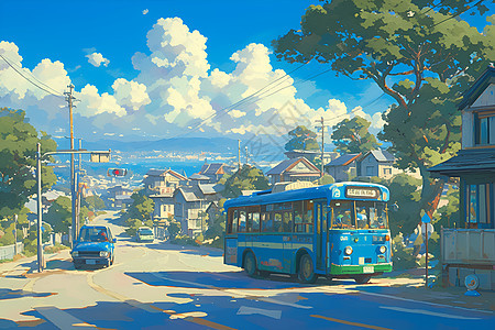 蓝色公交车穿越宁静的郊区图片
