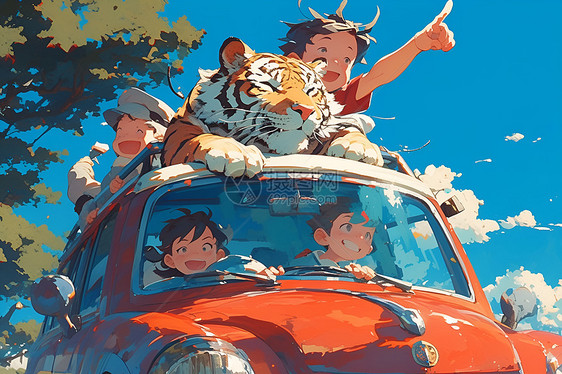 孩子们与老虎在森林中的车顶上图片