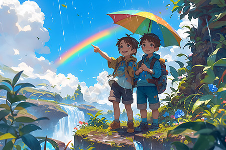 两个男孩在打着伞在悬崖边图片