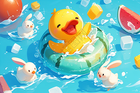 蓝色水池里的快乐小鸭背景图片