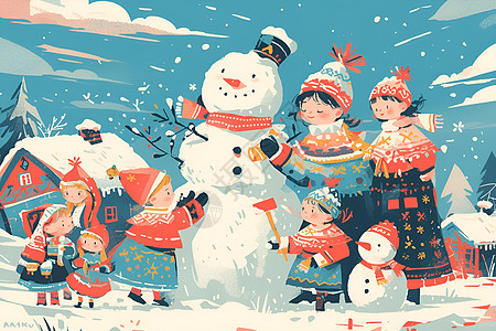 冬日的孩子和雪人图片