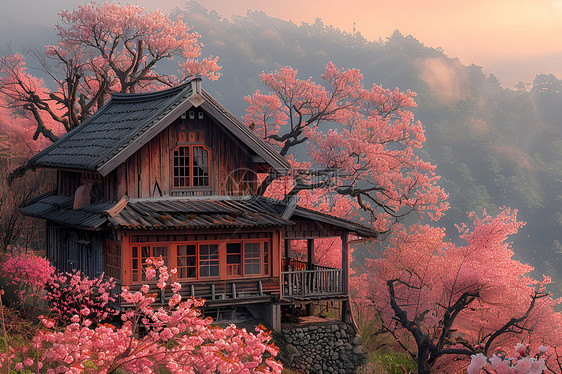 樱花山间小屋图片