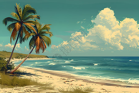 夏日海滩与棕榈树图片