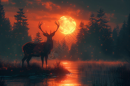 月夜林中的仙鹿图片