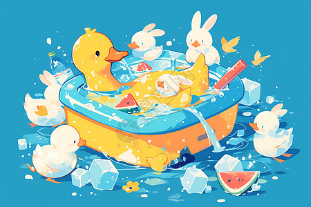 快乐的小鸭子在游泳池中背景图片