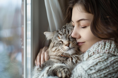 窗前抱猫的女子图片