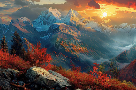 日落下的秋日山脉图片