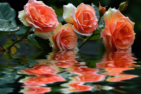 水边盛开的玫瑰花倒影图片