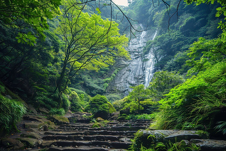 自然山脉上的瀑布图片