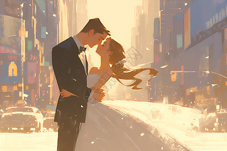 都市街道上的新郎新娘背景图片