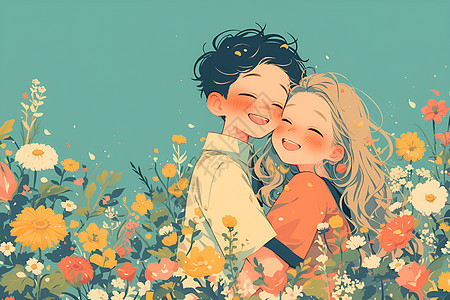 花丛里拥抱的情侣图片