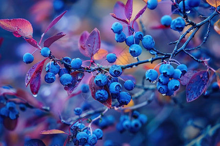 蓝莓丛中的水滴图片