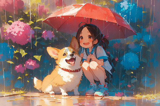 雨中的女孩和狗图片