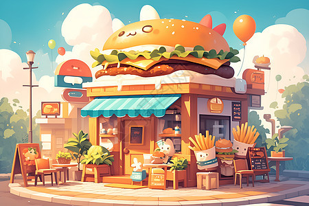 卡哇伊可爱汉堡主题建筑背景图片