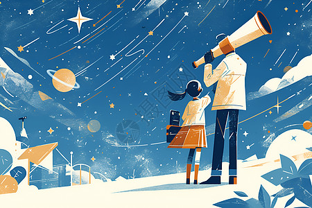 父亲和女儿观察星空图片