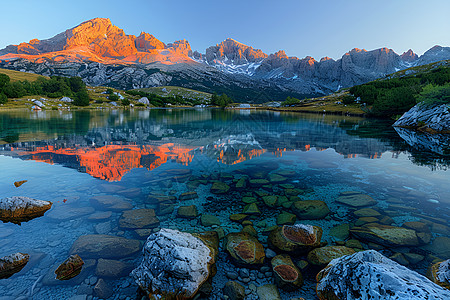 湖面倒映山峦自然美的完美画卷图片