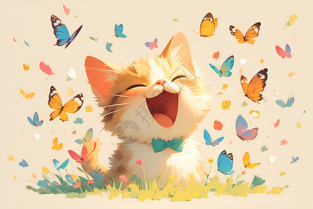 开心的猫咪和蝴蝶图片