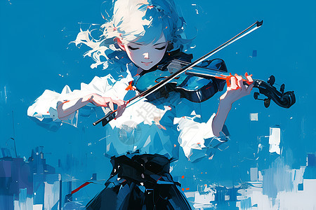 蓝墙下演奏小提琴的女孩图片