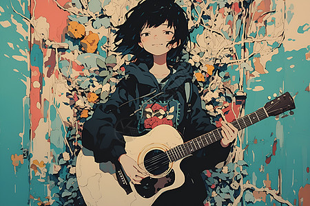 花丛里抱着吉他的女孩图片