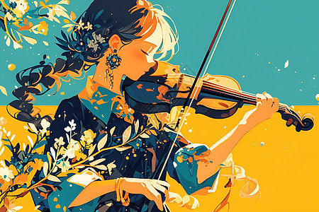 花丛里的练习小提琴的女孩图片