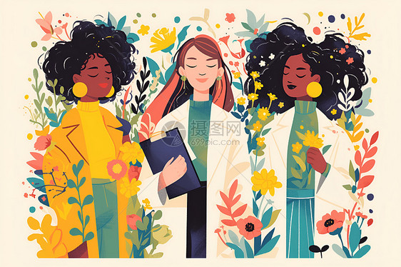 花丛中的三位女性图片