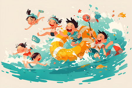 水域中玩耍的孩子图片