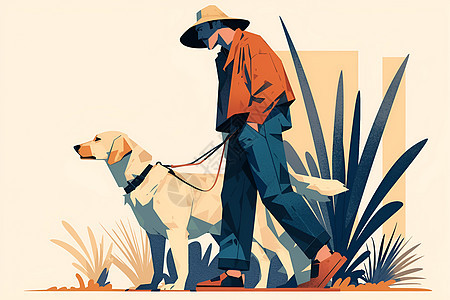 男人牵着狗在草地上散步图片