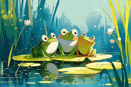 池塘里的三只青蛙图片
