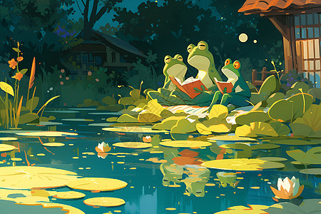 池塘上的三只绿色蛙儿图片