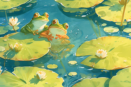 池塘中的荷叶和青蛙图片