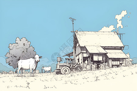 田间的牛儿和房子图片