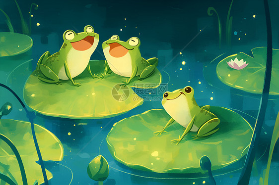 夜晚池塘中三只绿蛙图片