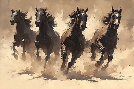 四匹奔跑的马儿图片