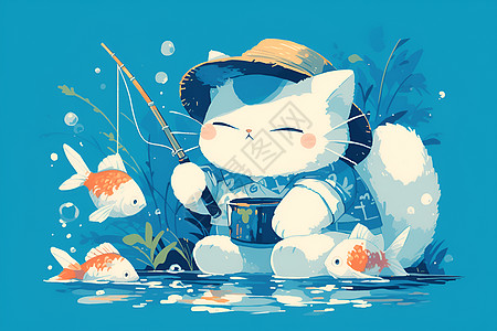 可爱猫咪钓鱼图片