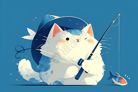 白猫钓鱼的插画图片
