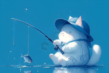 可爱白猫钓鱼的插画图片