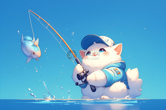 蓝色背景下的钓鱼猫咪图片